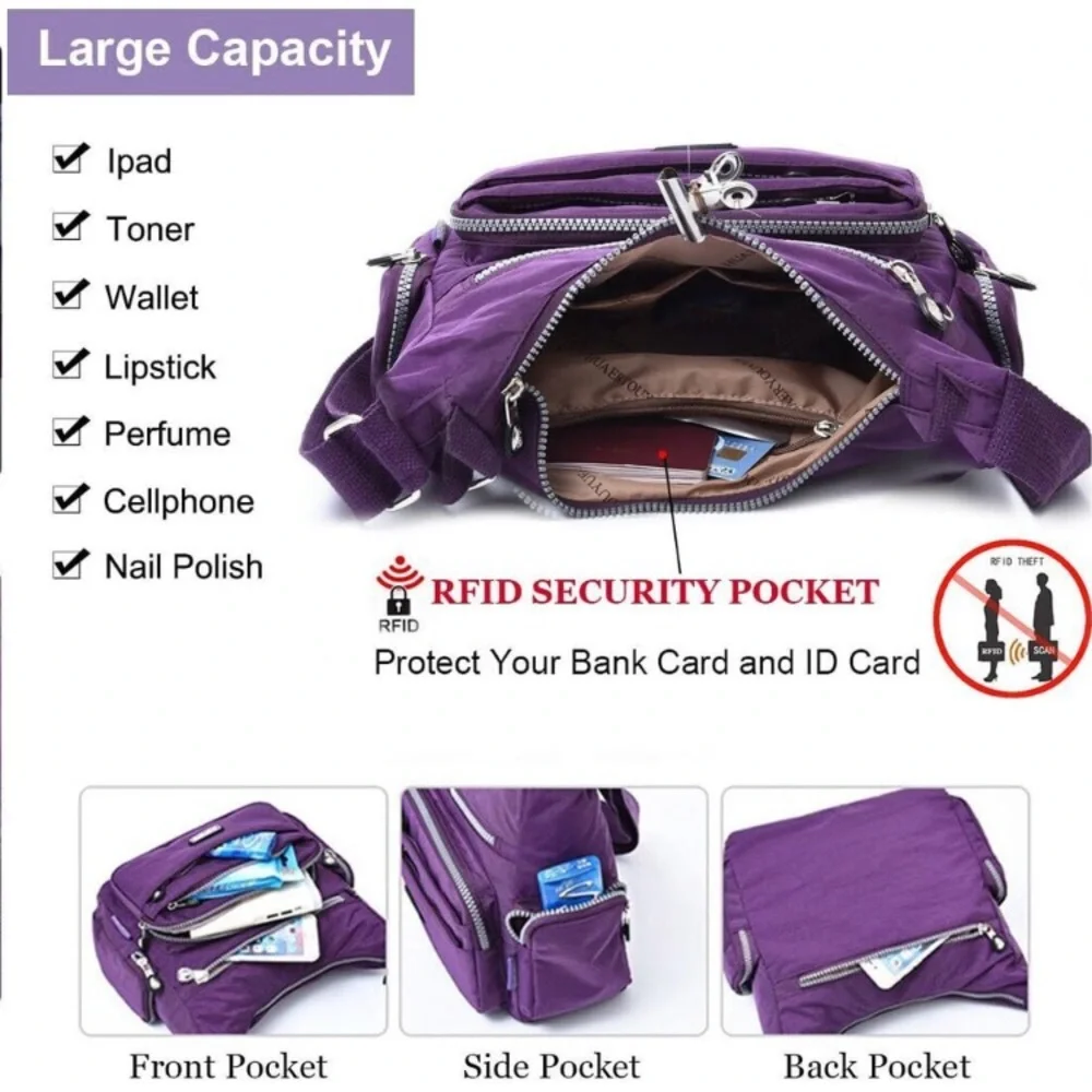 New purple Crossbody Bag with RFID Purses Multi Pocket Shoulder Bag Waterproof